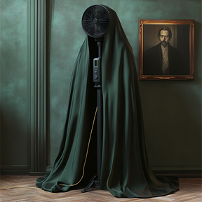 An AI-generated image showing a tall electric fan under a dark forest green cloak. The background is a dark green wall and wooden floor, similar to that of the Traitors UK TV show.