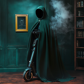 An AI-generated image showing an e-scooter (dressed) under a dark forest green cloak. Smoke is surrounding the e-scooter. The background is a dark green wall and wooden floor, similar to that of the castle in The UK TV Show 'The Traitors'.